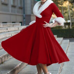 Christmas Dresses for Women Furry V-Neck Print Vintage Long-Sleeved Santa Fancy